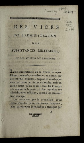 Des vices de l'administration des subsistances militaires, et des moyens d'y reme dier