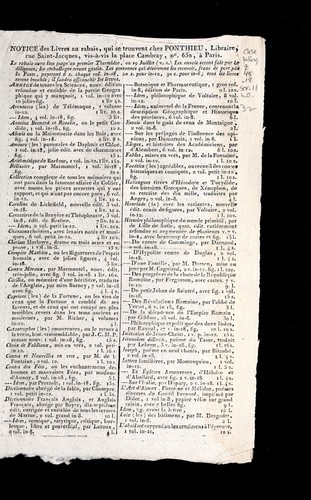 Notice des livres au rabais, qui se trouvent chez Ponthieu, libraire, rue Saint-Jacques, vis-a  -vis la place Cambray, no. 652, a   Paris