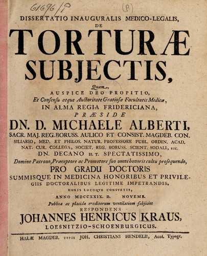 Dissertatio inauguralis medico-legalis, de torturae subjectis ...