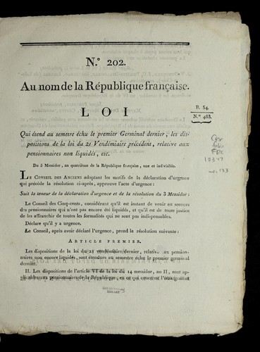 Loi qui e tend au semetre e chu le premier germinal dernier, les dispositions de la loi du 21 vende miaire pre ce dent, relative aux pensionnaires non liquide s, etc