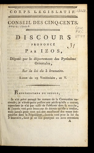 Discours prononce  par Izos, de pute  par le de partement des Pyre ne es-Orientales, sur la loi du 3 brumaire