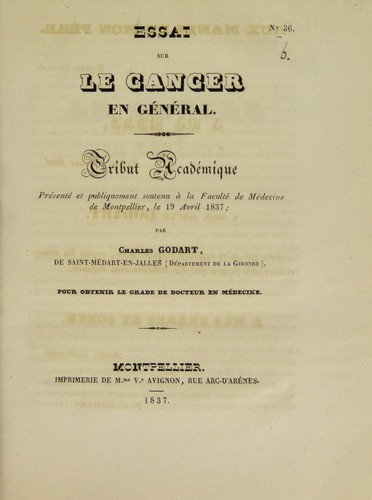 Essai sur le cancer en g©♭n©♭ral