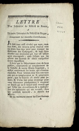 Lettre d'un laboureur du district de Rouen