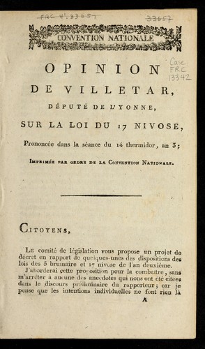Opinion de Villetar [sic], de pute  de l'Yonne, sur la loi du 17 nivose