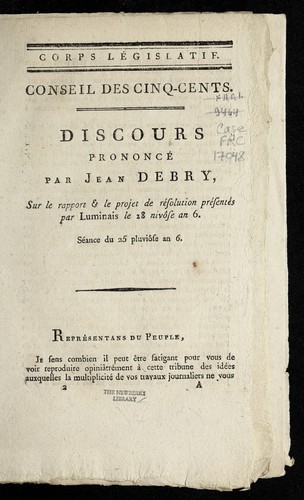 Discours prononce  par Jean Debry, sur le rapport & le projet de re solution pre sente s par Luminais le 28 nivo se an 6