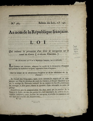 Loi qui ordonne la perception d'un droit de navigation sur le canal du Centre (ci-devant Charolais)