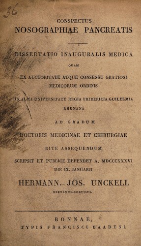 Conspectus nosographiae pancreatis. Dissertatio inauguralis medica