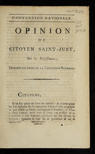 Opinion du citoyen Saint-Just, sur les subsistances