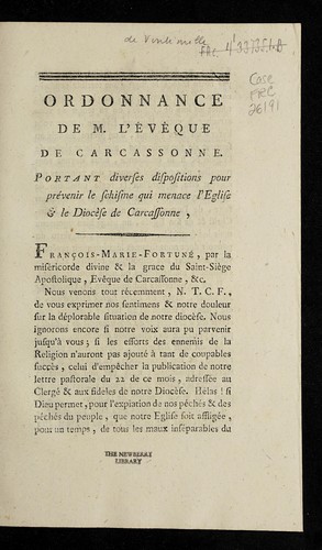 Ordonnance de M. l'e ve que de Carcassonne, portant diverses dispositions pour pre venir le schisme qui menace l'eglise & le dioce  se de Carcassonne