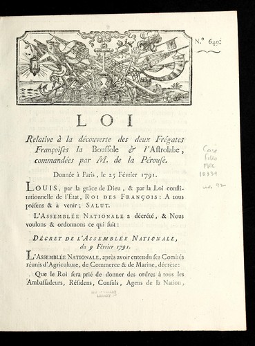 Loi relative a   la de couverte des deux fre gates franc ʹoises la Boussole & l'Astrolabe, commande es par M. de la Pe rouse