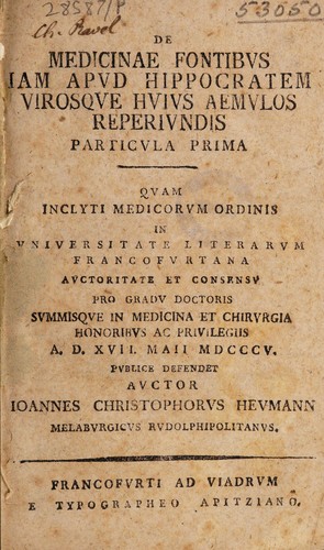 De medicinae fontibus jam apud Hippocratem virosque hujus aemulos reperiundis