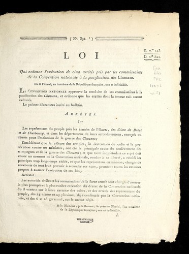 Loi qui ordonne l'exe cution de cinq arre te s pris par les commissaires de la Convention nationale a   la pacification des Chouans
