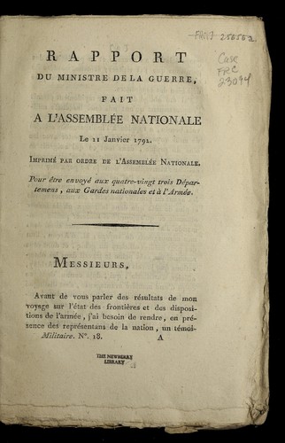 Rapport du ministre de la guerre, fait a l'Assemble e nationale le 11 janvier 1792