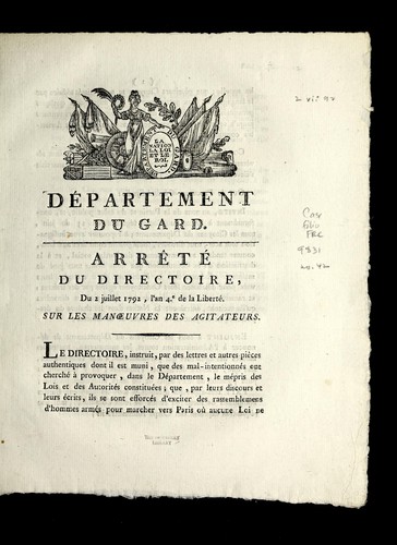 Arre te  du directoire, du 2 juillet 1792, l'an 4e. de la liberte , sur les man¿uvres des agitateurs