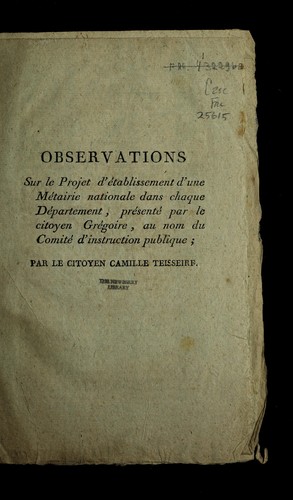 Observations sur le projet d'e tablissement d'une me tairie nationale dans chaque de partement