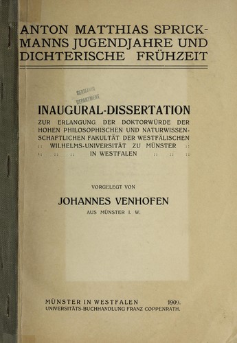 Anton Matthias Sprickmanns Jugendjahre und dictherische Fru hzeit