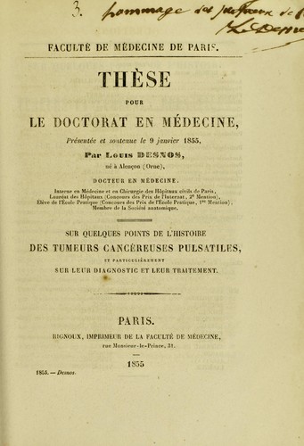 Sur quelques points de l'histoire des tumeurs canc©♭reuses pulsatiles, et particuli©·rement sur leur diagnostic et leur traitement