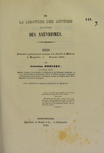 De la ligature des art©·res dans le traitement des an©♭vrismes