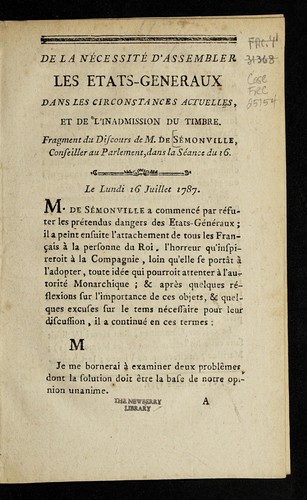 De la ne cessite  d'assembler les Etats-generaux dans les circonstances actuelles, et de l'inadmission du timbre