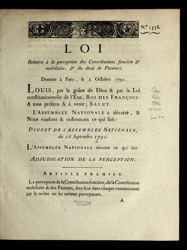 Loi relative a   la perception des contributions foncie  re & mobiliaire, &  du droit de patentes