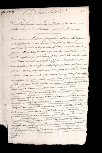 De nonciation d'une theise soutenue  au College des Jesuites le 22. mars 1730. faitte a M.M. du Parlement par Mrs. les avocats