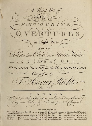 A third set of six favourite overtures in eight parts for two violins, two oboes, two horns, viola, and a figured bass for the harpsicord