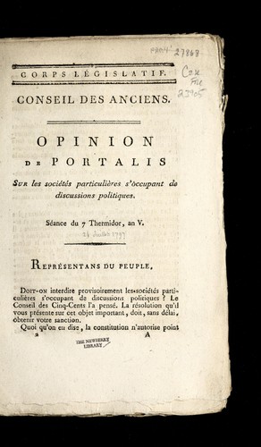 Opinion de Portalis sur les socie te s particulie  res s'occupant de discussions politiques