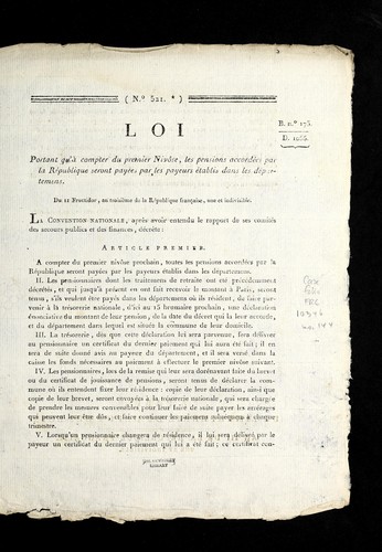 Loi portant qu'a   compter du premier nivo se, les pensions accorde es par la Re publique seront paye es par les payeurs e tablis dans les de partemens