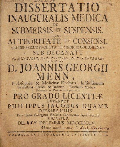 Dissertatio inauguralis medica de submersis et suspensis ...