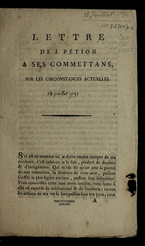 Lettre de J. Pe tion a ses commettans, sur les circonstances actuelles