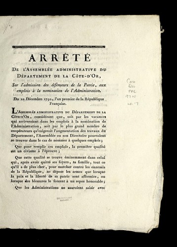 Arre te  de l'assemble e administrative du de partement de la Co te-d'Or, sur l'admission des de fenseurs de la patrie, aux emplois a   la nomination de l'administration