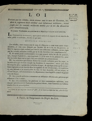 Loi portant que les rebelles, ceux connus sous le nom de chouans, etc. dont le jugement e tait attribue  aux tribunaux miliatires, seront juge s par les conseils militaires e tablis par la loi du deuxie  me jour comple mentaire