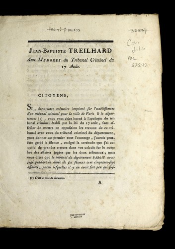 Jean-Baptiste Treilhard aux membres du tribunal criminel du 17 aou t.