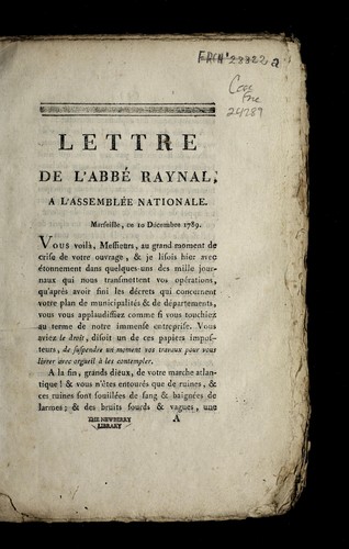 Lettre de l'abbe  Raynal, a l'Assemble e nationale