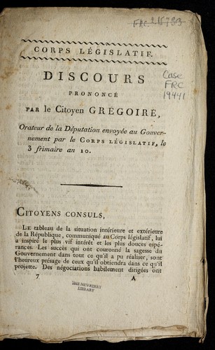 Discours prononce  par le citoyen Gre goire, orateur de la de putation envoye e au gouvernement par le Corps le gislatif, le 3 frimaire an 10