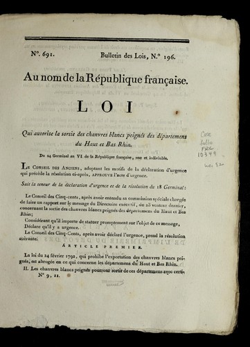 Loi qui autorise la sortie des chanvres blancs peigne s des de partemens du Haut et Bas Rhin