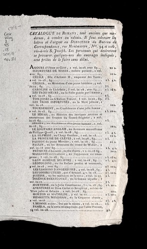 Catalogue de romans, tant anciens que modernes, a   vendre au rabais