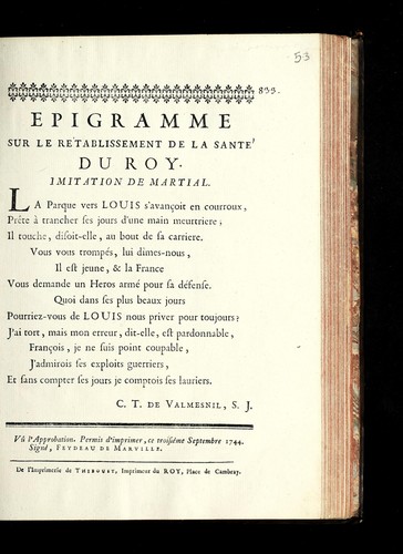 Epigramme sur le retablissement de la sante  du roy