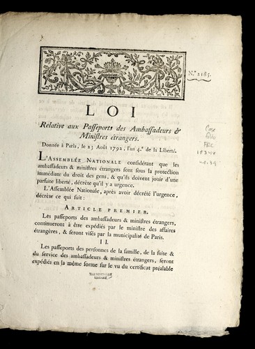 Loi relative aux passeports des ambassadeurs & ministres e trangers