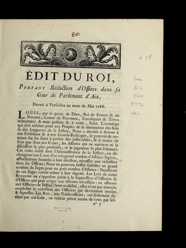 E dit du roi, portant re duction d'offices dans sa cour de Parlement d'Aix