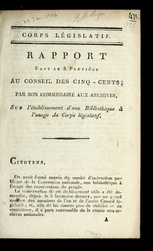 Rapport fait le 3 pluvio se [l'an IV; i.e. 23 January 1796] au Conseil des cinq-cents