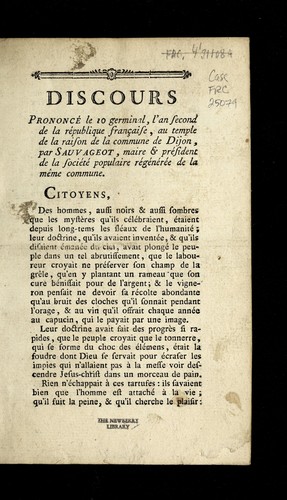 Discours prononce  le 10 germinal, l'an second de la Re publique franc ʹaise, au Temple de la raison de la commune de Dijon