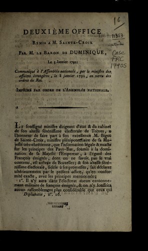 Deuxie  me office remis a M. Sainte-Croix par M. le baron de Duminique, le 3 janvier 1792