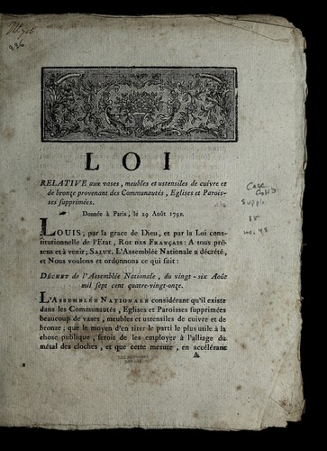 Loi relative aux vases, meubles et ustensiles de cuivre et de bronze provenant des communaute s, eglises et paroisses supprime es