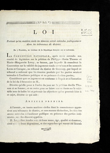 Loi portant qu'en matie  re civile les te moins seront entendus publiquement dans les tribunaux de district