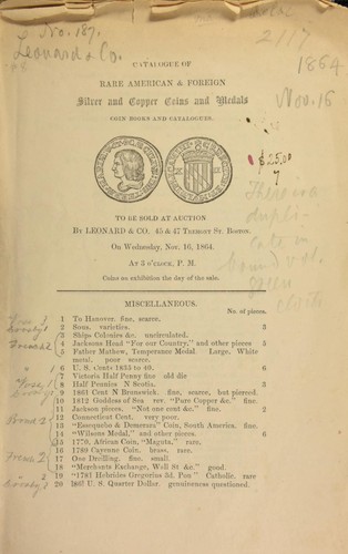 Catalogue of rare American & foreign silver and copper coins and medals, coin books and catalogues
