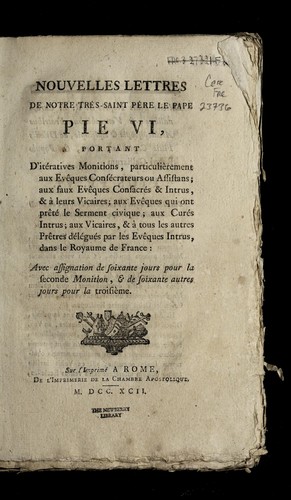 Nouvelles lettres de Notre Tre  s-Sainte-Pe  re le pape, Pie VI