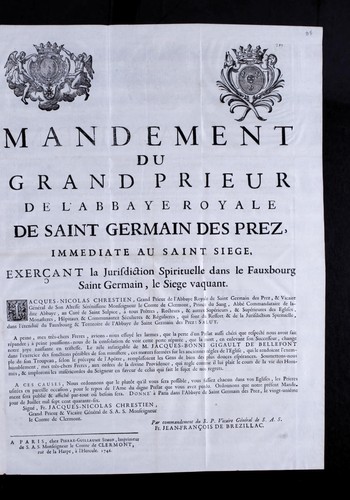 Mandement du grand prieur de l'Abbaye royale de S. Germain des Prez, imme diate au S. Sie ge