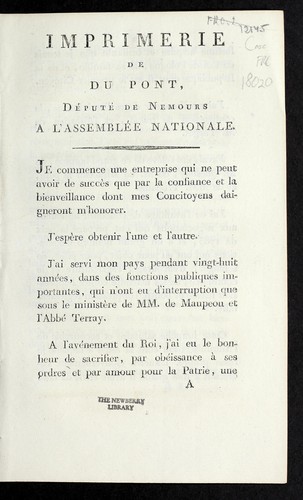 Imprimerie de Du Pont, de pute  de Nemours a l'Assemble e nationale