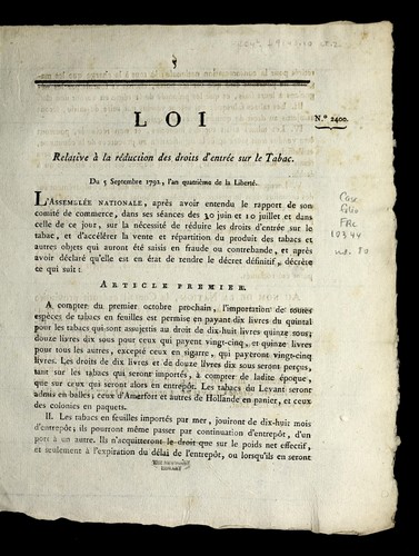 Loi relative a   la re duction des droits d'entre e sur le tabac